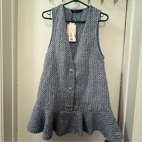 Zara Blue and White TEXTURED RUFFLED PINAFORE DRESS Size Extra Small XS - Picture 15 of 16